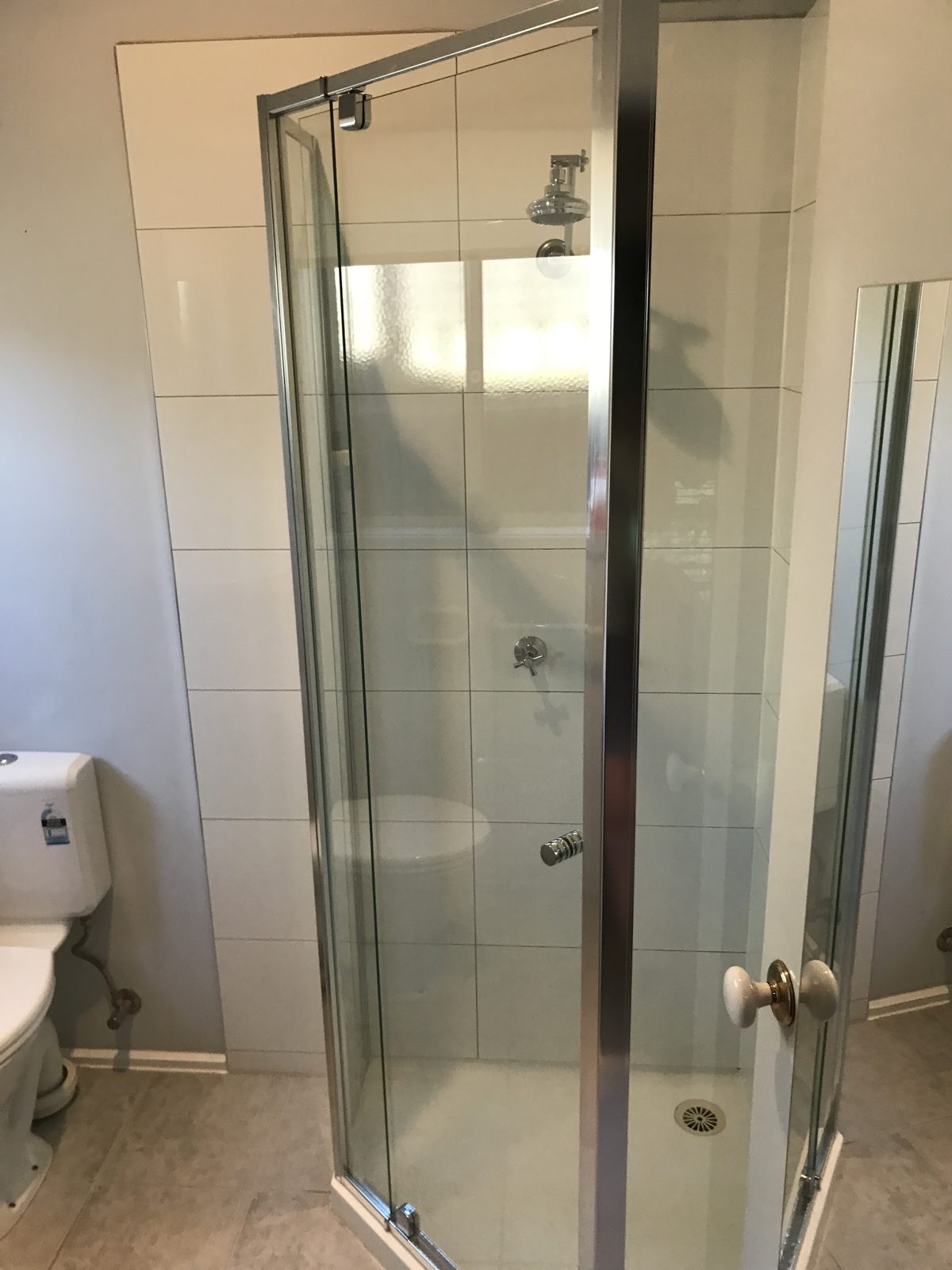 A framed glass pivot-door shower with white wall tiles and a chrome shower rose